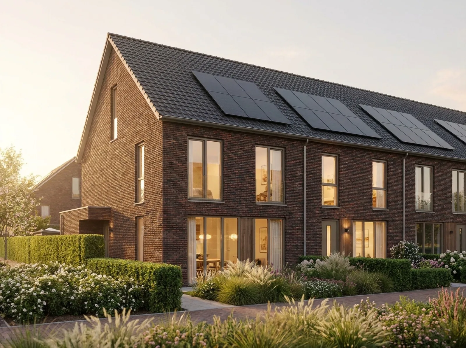 Verduurzaamd Nederlands rijtjeshuis met zonnepanelen in het avondlicht
